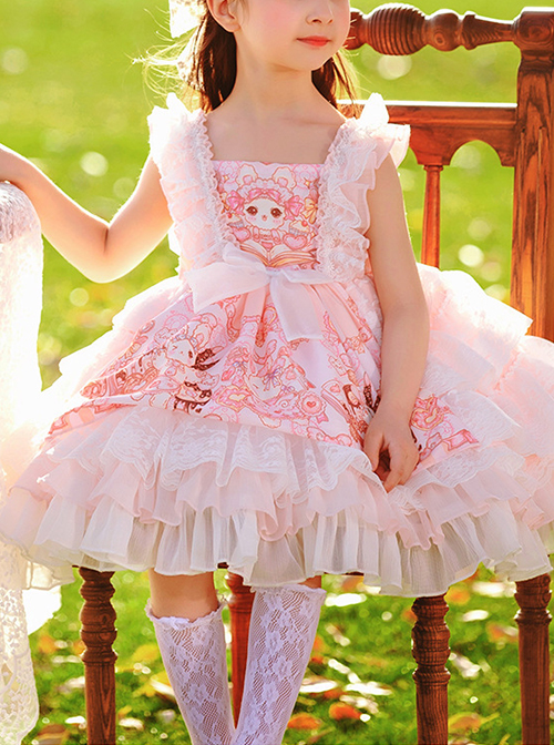 Pink Doll Candy Pattern Print Lace-Ruched Puffed Hem Bow Knot Decoration Classic Lolita Kid Princess Dress