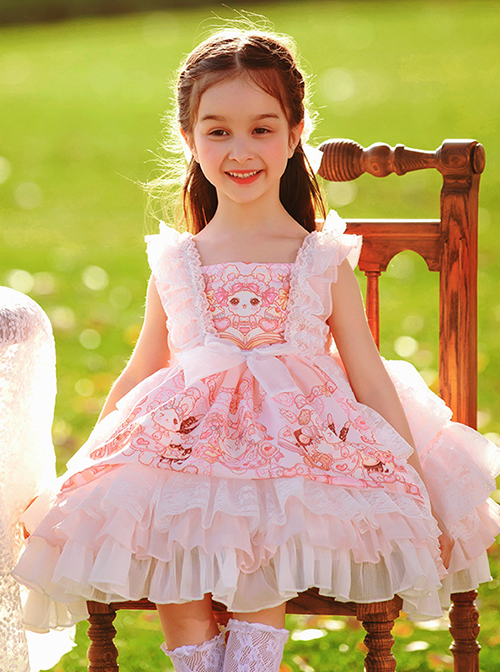 Pink Doll Candy Pattern Print Lace-Ruched Puffed Hem Bow Knot Decoration Classic Lolita Kid Princess Dress