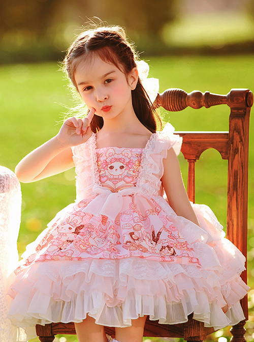 Pink Doll Candy Pattern Print Lace-Ruched Puffed Hem Bow Knot Decoration Classic Lolita Kid Princess Dress