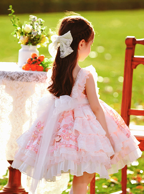 Pink Doll Candy Pattern Print Lace-Ruched Puffed Hem Bow Knot Decoration Classic Lolita Kid Princess Dress