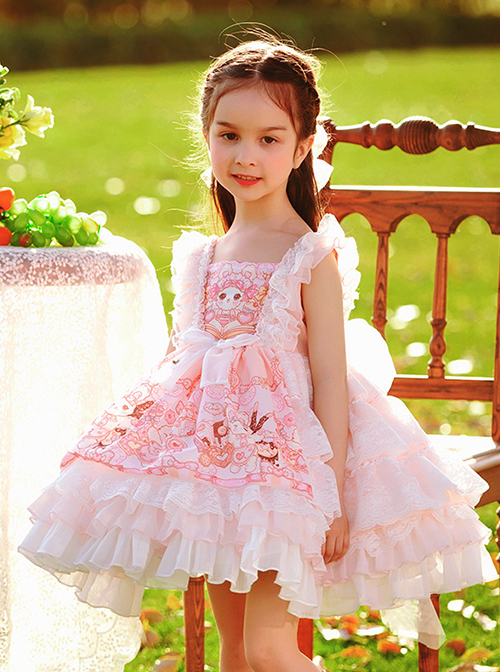 Pink Doll Candy Pattern Print Lace-Ruched Puffed Hem Bow Knot Decoration Classic Lolita Kid Princess Dress
