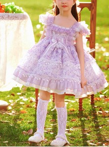 Classic Lolita Pleated Lace Bow Knot White Jacquard Lace Trim Purple Floral Kid Dress