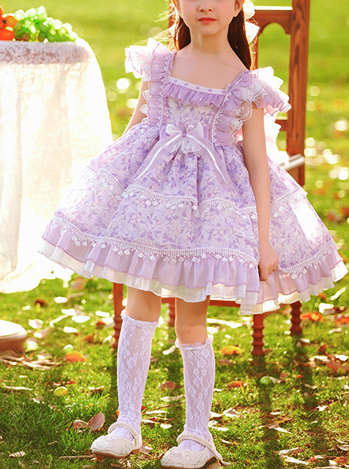 Classic Lolita Pleated Lace Bow Knot White Jacquard Lace Trim Purple Floral Kid Dress