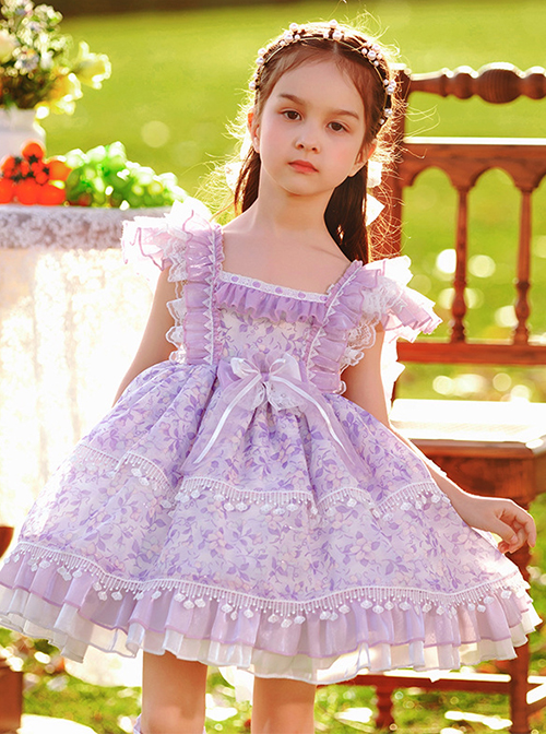 Classic Lolita Pleated Lace Bow Knot White Jacquard Lace Trim Purple Floral Kid Dress