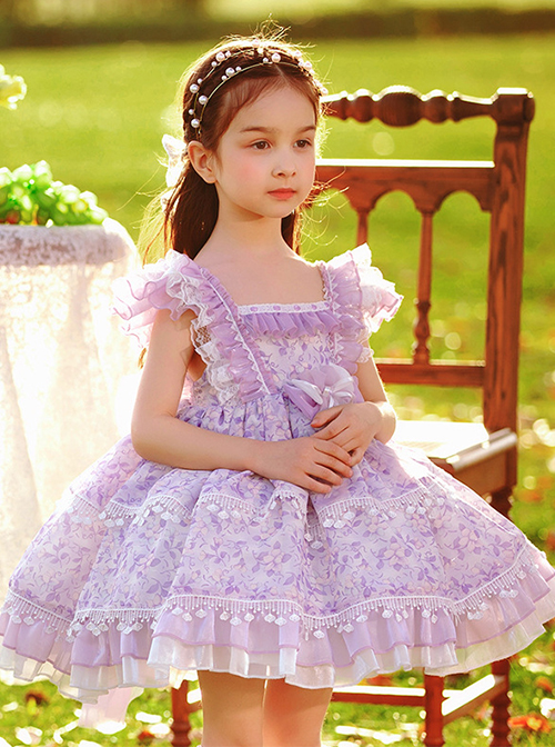 Classic Lolita Pleated Lace Bow Knot White Jacquard Lace Trim Purple Floral Kid Dress