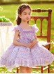 Classic Lolita Pleated Lace Bow Knot White Jacquard Lace Trim Purple Floral Kid Dress