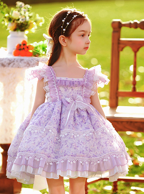 Classic Lolita Pleated Lace Bow Knot White Jacquard Lace Trim Purple Floral Kid Dress