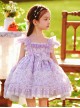 Classic Lolita Pleated Lace Bow Knot White Jacquard Lace Trim Purple Floral Kid Dress