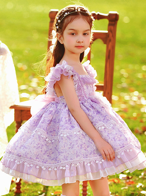 Classic Lolita Pleated Lace Bow Knot White Jacquard Lace Trim Purple Floral Kid Dress