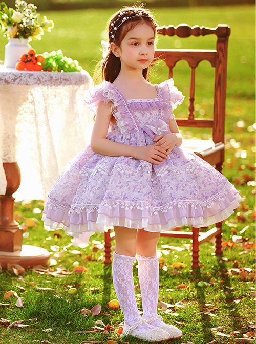 Classic Lolita Pleated Lace Bow Knot White Jacquard Lace Trim Purple Floral Kid Dress