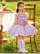 Classic Lolita Pleated Lace Bow Knot White Jacquard Lace Trim Purple Floral Kid Dress