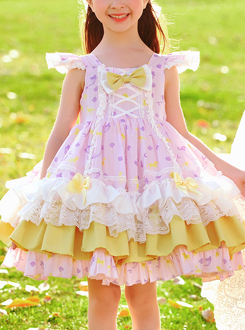 Yellow Bow Knots Decoration Hem Layered Ruffles Cute Purple Graphic Print Classic Lolita Kid Sleeveless Dress