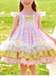 Yellow Bow Knots Decoration Hem Layered Ruffles Cute Purple Graphic Print Classic Lolita Kid Sleeveless Dress