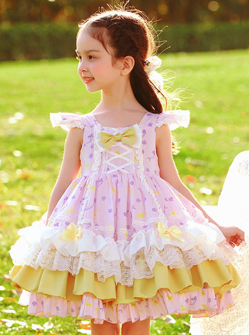 Yellow Bow Knots Decoration Hem Layered Ruffles Cute Purple Graphic Print Classic Lolita Kid Sleeveless Dress