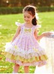 Yellow Bow Knots Decoration Hem Layered Ruffles Cute Purple Graphic Print Classic Lolita Kid Sleeveless Dress