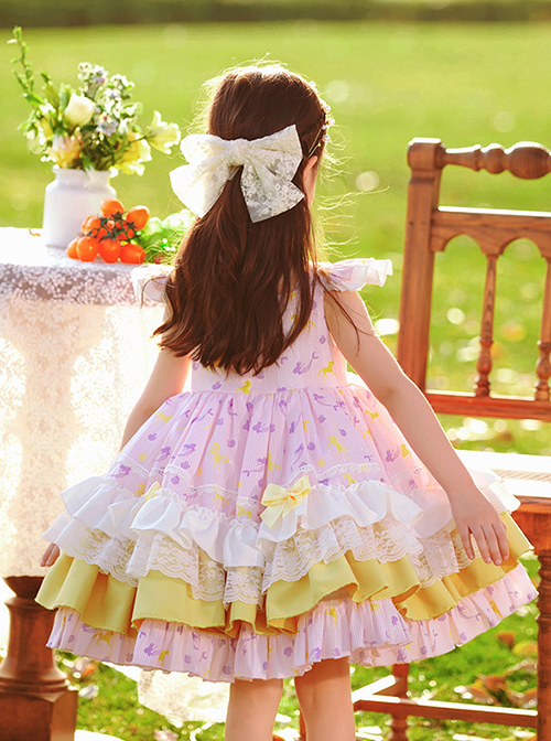 Yellow Bow Knots Decoration Hem Layered Ruffles Cute Purple Graphic Print Classic Lolita Kid Sleeveless Dress