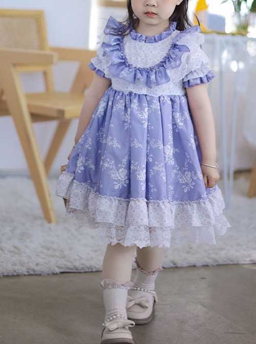 Purple Pleated Ruffle Neckline Design White Floral Decoration Lace Princess Classic Lolita Short Sleeve Kid Dress 