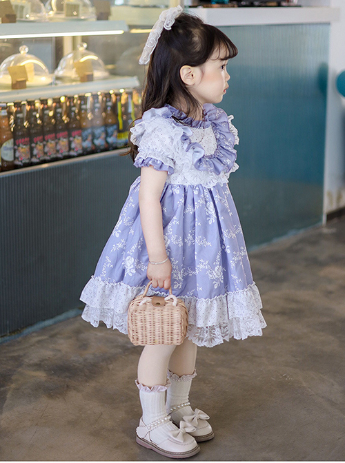 Purple Pleated Ruffle Neckline Design White Floral Decoration Lace Princess Classic Lolita Short Sleeve Kid Dress 