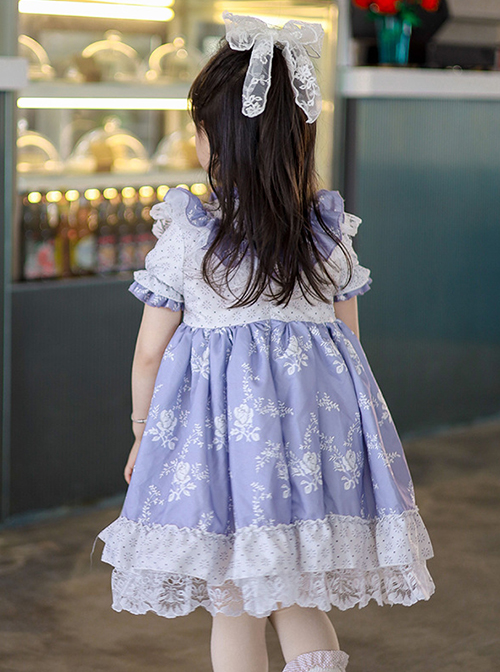 Purple Pleated Ruffle Neckline Design White Floral Decoration Lace Princess Classic Lolita Short Sleeve Kid Dress 