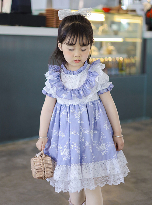 Purple Pleated Ruffle Neckline Design White Floral Decoration Lace Princess Classic Lolita Short Sleeve Kid Dress 