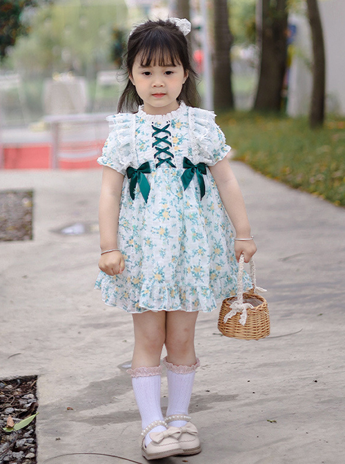 Simple Small Flower Decoration Green Cross Tie Bow Knots Classic Lolita Kid Dress