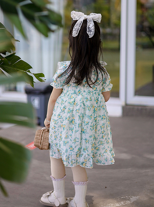 Simple Small Flower Decoration Green Cross Tie Bow Knots Classic Lolita Kid Dress