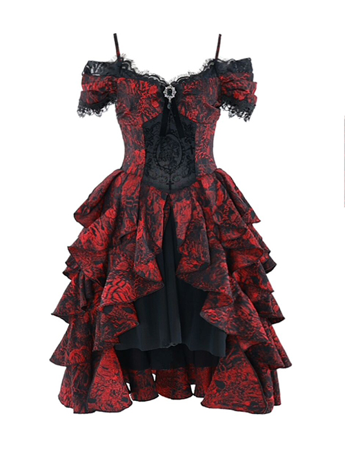 Hades Banquet Series Reddish Black Jacquard Lace Layered Pleated Hem Gothic Off-The-Shoulder Design Brooch Decoration Dress