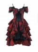 Hades Banquet Series Reddish Black Jacquard Lace Layered Pleated Hem Gothic Off-The-Shoulder Design Brooch Decoration Dress