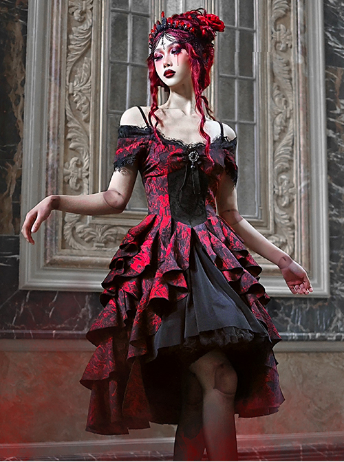 Hades Banquet Series Reddish Black Jacquard Lace Layered Pleated Hem Gothic Off-The-Shoulder Design Brooch Decoration Dress