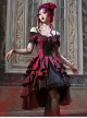 Hades Banquet Series Reddish Black Jacquard Lace Layered Pleated Hem Gothic Off-The-Shoulder Design Brooch Decoration Dress