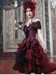 Hades Banquet Series Reddish Black Jacquard Lace Layered Pleated Hem Gothic Off-The-Shoulder Design Brooch Decoration Dress