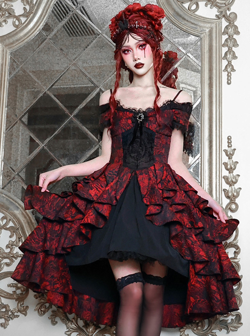 Hades Banquet Series Reddish Black Jacquard Lace Layered Pleated Hem Gothic Off-The-Shoulder Design Brooch Decoration Dress