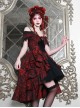 Hades Banquet Series Reddish Black Jacquard Lace Layered Pleated Hem Gothic Off-The-Shoulder Design Brooch Decoration Dress