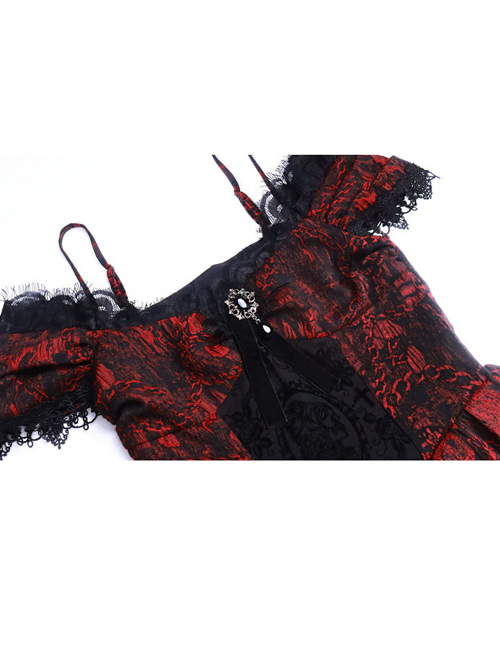 Hades Banquet Series Reddish Black Jacquard Lace Layered Pleated Hem Gothic Off-The-Shoulder Design Brooch Decoration Dress