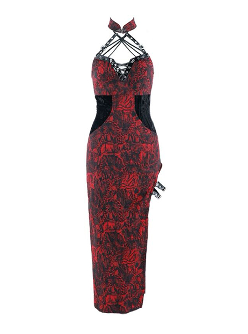 Hades Banquet Series Reddish Black Jacquard Gothic Style Sexy Slit Modified Cheongsam PU Belt V Neckline Sleeveless Dress