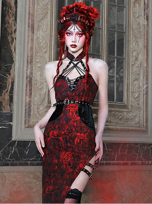 Hades Banquet Series Reddish Black Jacquard Gothic Style Sexy Slit Modified Cheongsam PU Belt V Neckline Sleeveless Dress