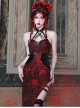 Hades Banquet Series Reddish Black Jacquard Gothic Style Sexy Slit Modified Cheongsam PU Belt V Neckline Sleeveless Dress