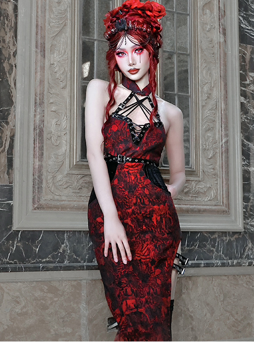 Hades Banquet Series Reddish Black Jacquard Gothic Style Sexy Slit Modified Cheongsam PU Belt V Neckline Sleeveless Dress