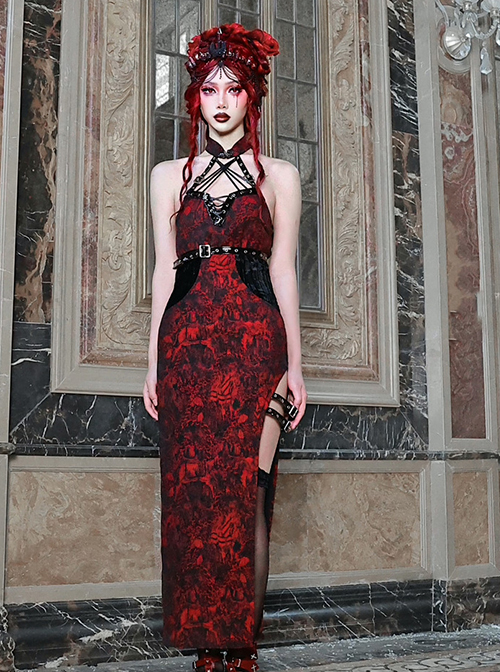 lovende Alexander Graham Bell tilstødende Hades Banquet Series Reddish Black Jacquard Gothic Style Sexy Slit Modified  Cheongsam PU Belt V Neckline