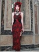 Hades Banquet Series Reddish Black Jacquard Gothic Style Sexy Slit Modified Cheongsam PU Belt V Neckline Sleeveless Dress