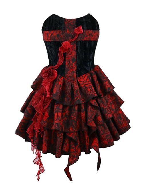 Hades Banquet Series Gothic Red Cross Design Three-Dimensional Lace Rose Jacquard Decoration Sleeveless Dress