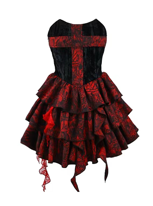 Hades Banquet Series Gothic Red Cross Design Three-Dimensional Lace Rose Jacquard Decoration Sleeveless Dress