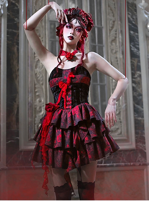 Hades Banquet Series Gothic Red Cross Design Three-Dimensional Lace Rose Jacquard Decoration Sleeveless Dress