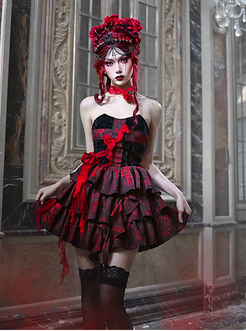 Hades Banquet Series Gothic Red Cross Design Three-Dimensional Lace Rose Jacquard Decoration Sleeveless Dress