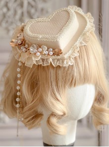 Beige Three-Dimensional Heart-Shaped Design Pearl Flower Decoration Classic Lolita Elegant Lace Top Hat