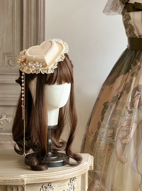 Beige Three-Dimensional Heart-Shaped Design Pearl Flower Decoration Classic Lolita Elegant Lace Top Hat