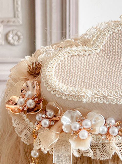 Beige Three-Dimensional Heart-Shaped Design Pearl Flower Decoration Classic Lolita Elegant Lace Top Hat