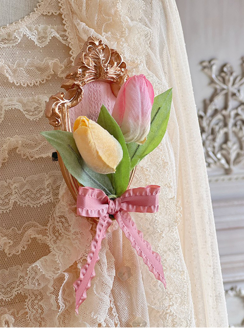 Tulip Three-Dimensional Bouquet Bow Knot Metal Border Decoration Classic Lolita Hairpin