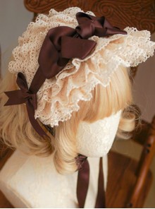 Classic Lolita BNT Layered Pleated Lace Design Brown Bow Knots Decoration Headband