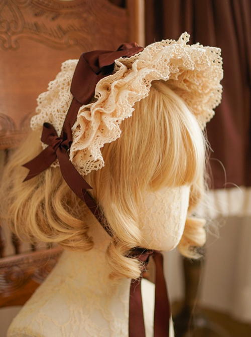 Classic Lolita BNT Layered Pleated Lace Design Brown Bow Knots Decoration Headband